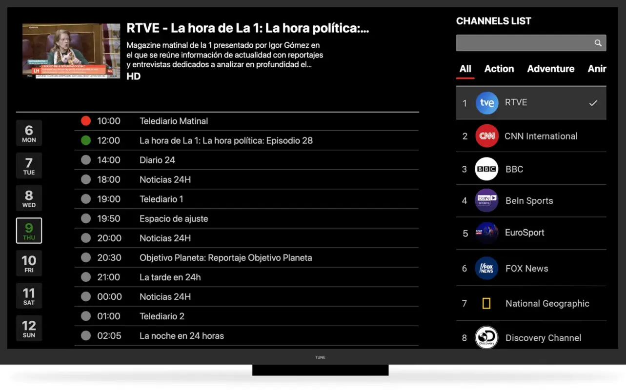 Tashan IPTV IPTV electronic programme guide (EPG) showing the live TV schedule by channel