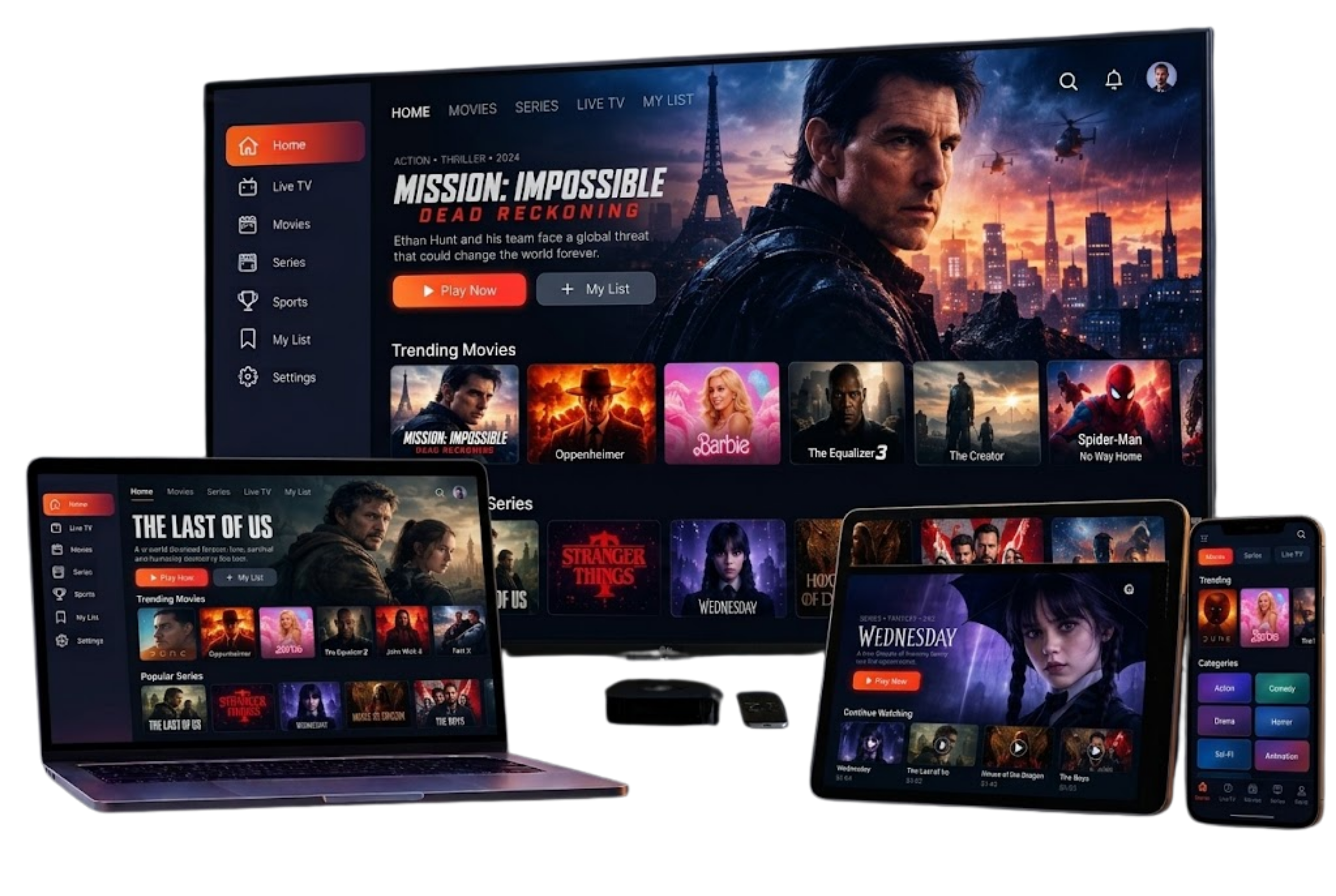 Multi-screen IPTV: Tashan IPTV playing on a TV, a tablet and a smartphone at the same time
