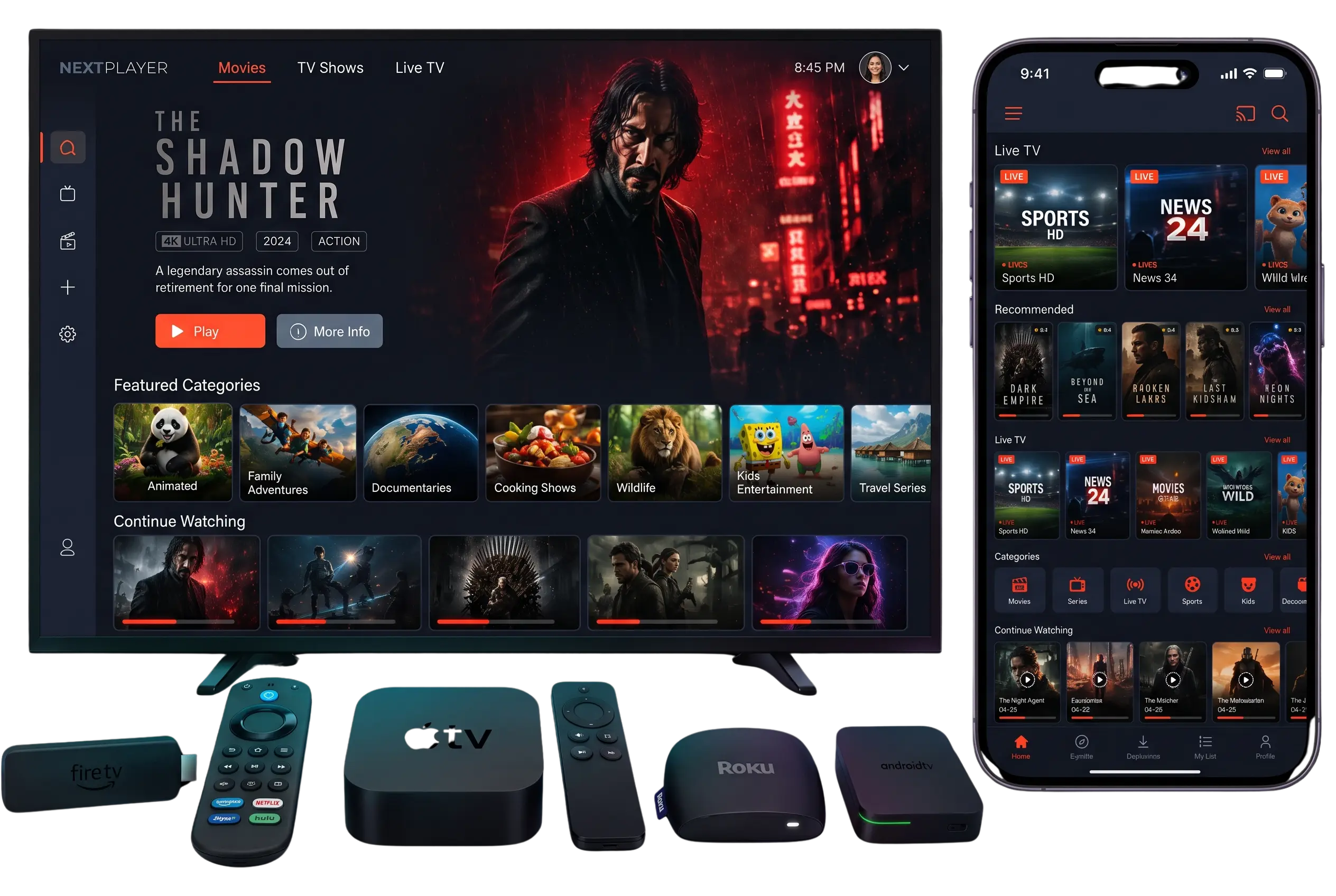 Tashan IPTV IPTV service on a Smart TV, smartphone, Firestick and streaming boxes, showing movies, series and live TV